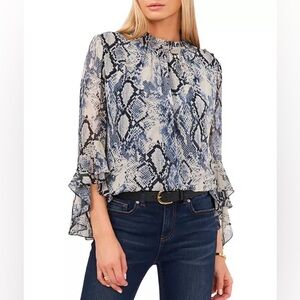Vince Camuto Snake Print Ruffle Top Blue Snakeskin
